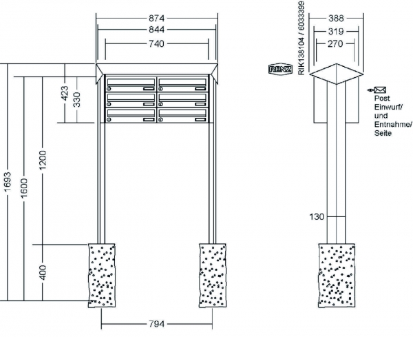 RENZ Briefkastenanlage freistehend, PRISMA, Edelstahl V4A, Kastenformat 370x110x270mm, 6-teilig, zum Einbetonieren